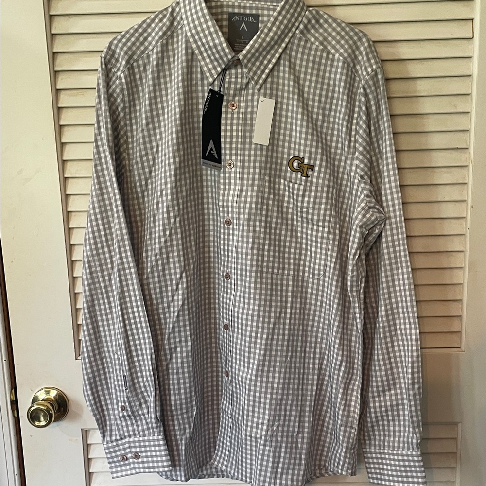Antigua Gray and White Checkered Button Down Shirt